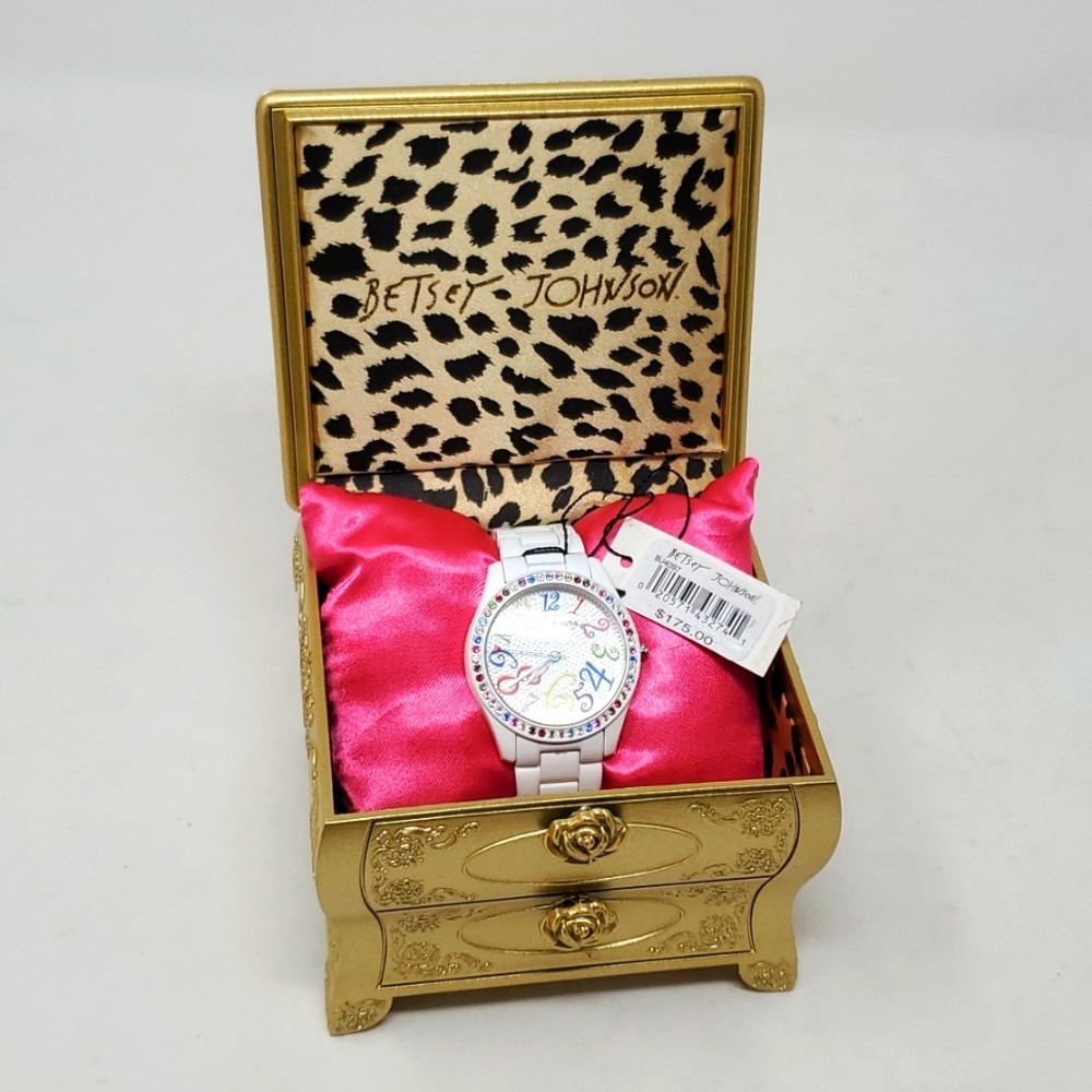 Betsey Johnson Watch White with Gold, Pink & Leopard Case